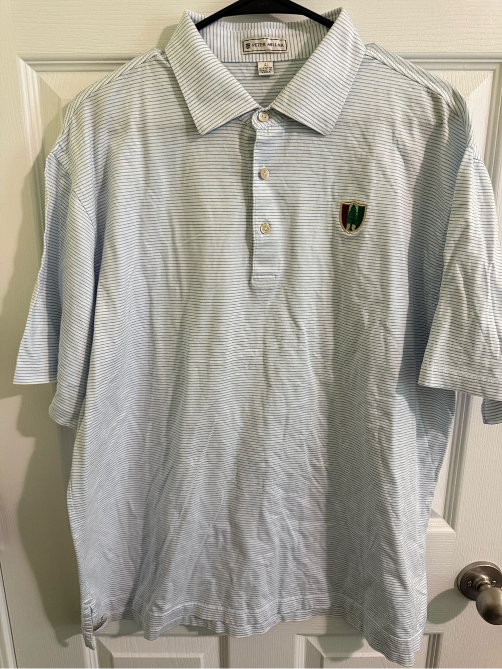 Peter Millar Light Blue Micro-Stripe Polo with Crest Patch